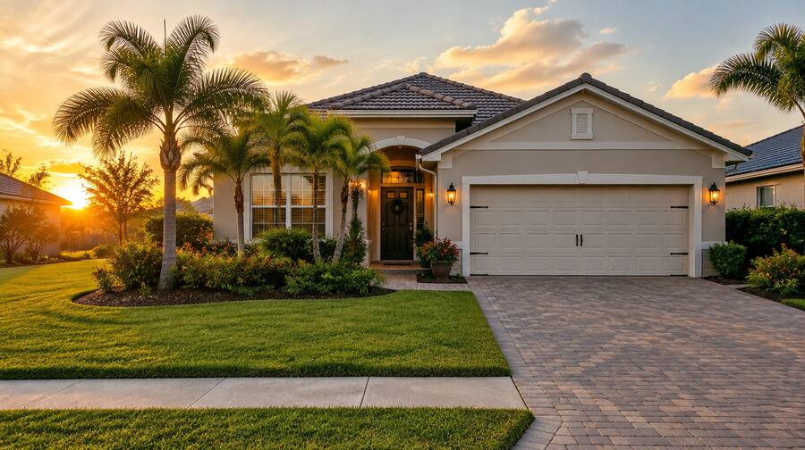 Suburban Florida family home at golden hour with a paver driveway.