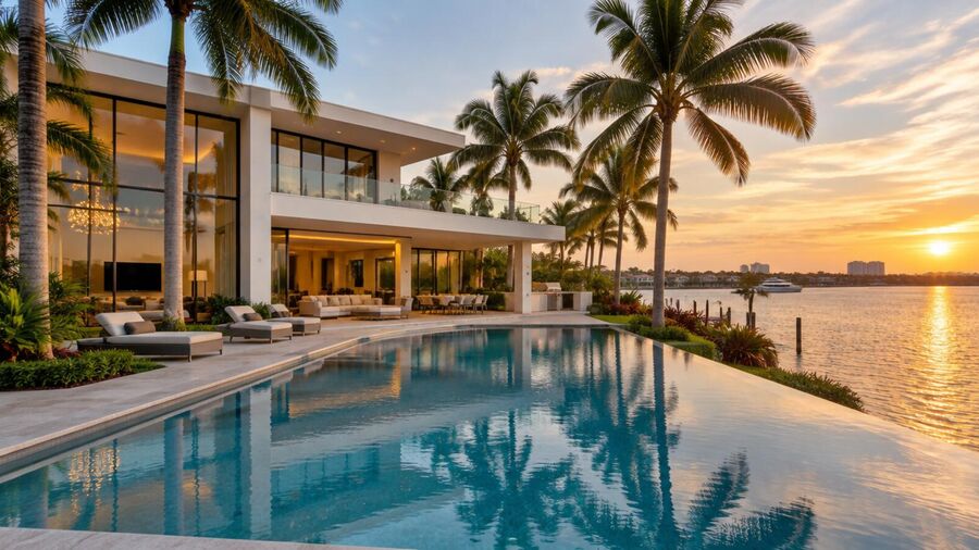 Modern South Florida home with an infinity pool facing the water at sunset.