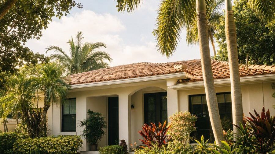 Single-story South Florida home with a tile roof, framed by palm trees and tropical plants.