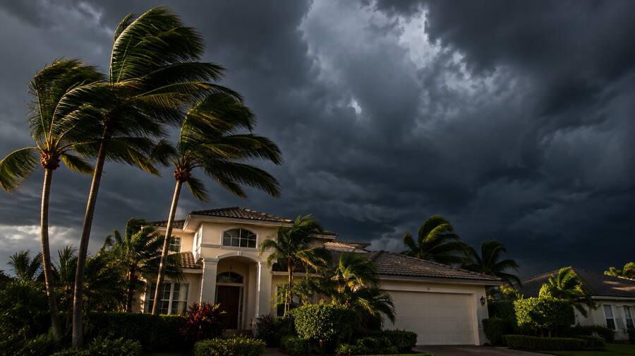 South Florida home beneath a dark approaching storm sky, palms bending.
