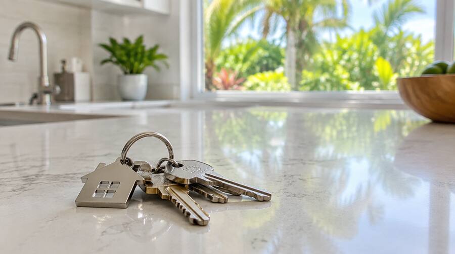 House keys resting on a kitchen counter in a bright Florida home.
