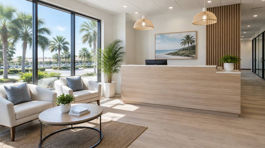 Bright reception area of a property management office in Florida.