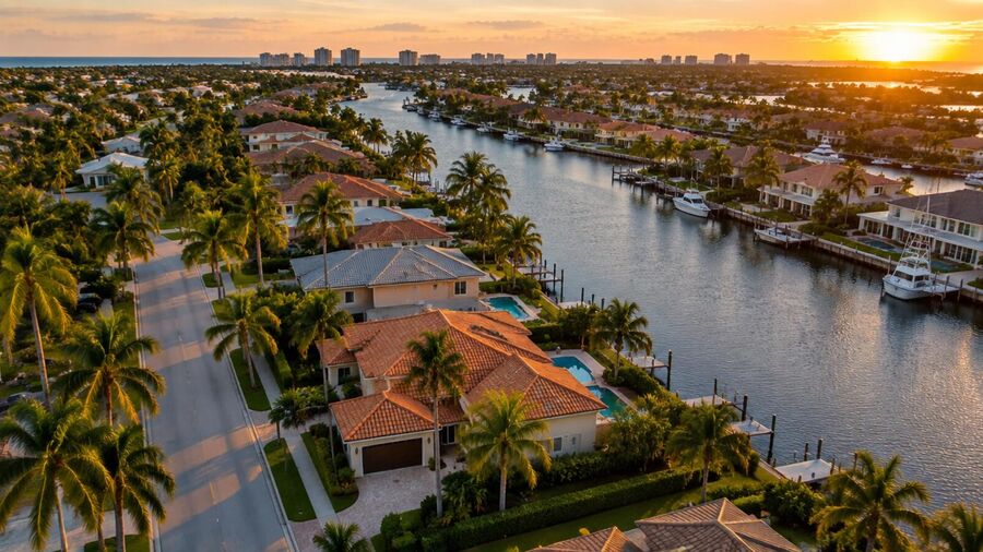 Aerial view of a waterfront South Florida neighborhood with canals and palm-lined streets at sunset.