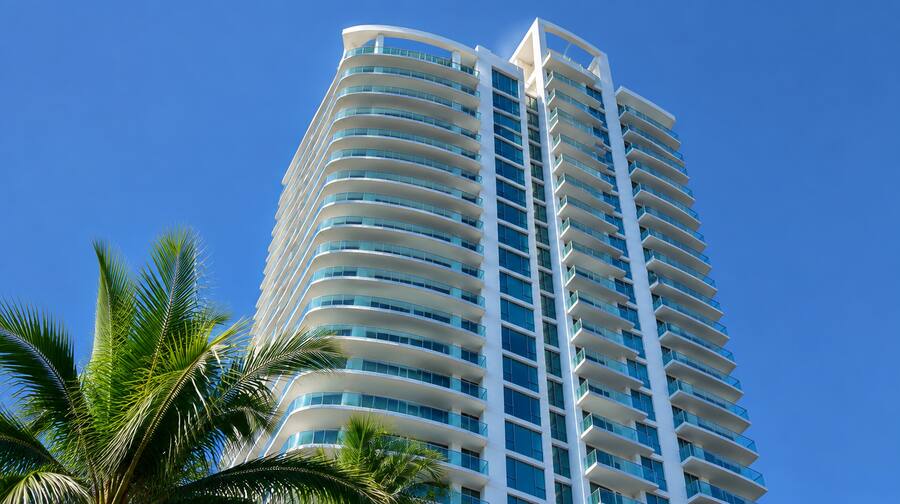 Modern South Florida condominium tower seen from below against blue sky.
