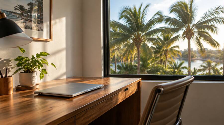 Tidy home office desk beside a window overlooking palm trees.