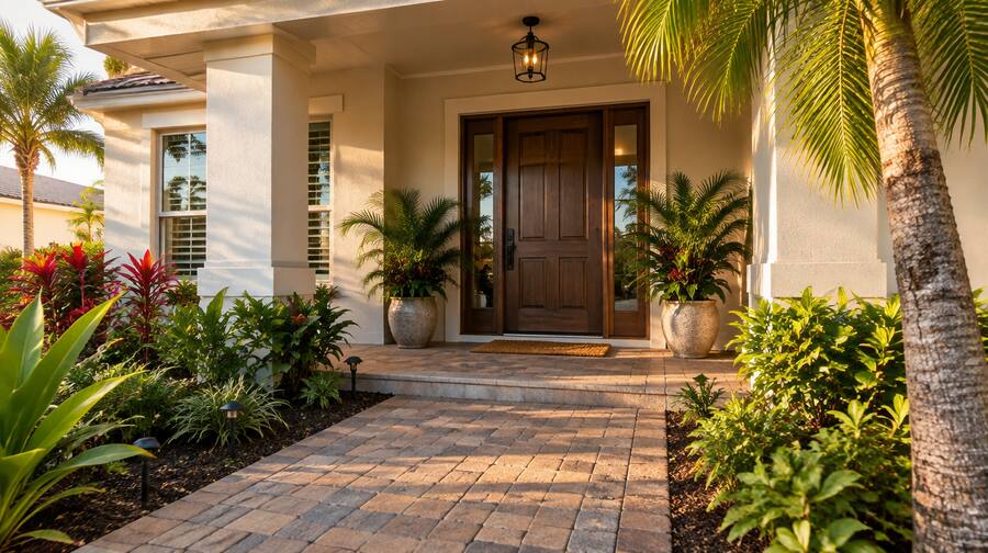 Covered front entrance of a South Florida rental home in afternoon light.