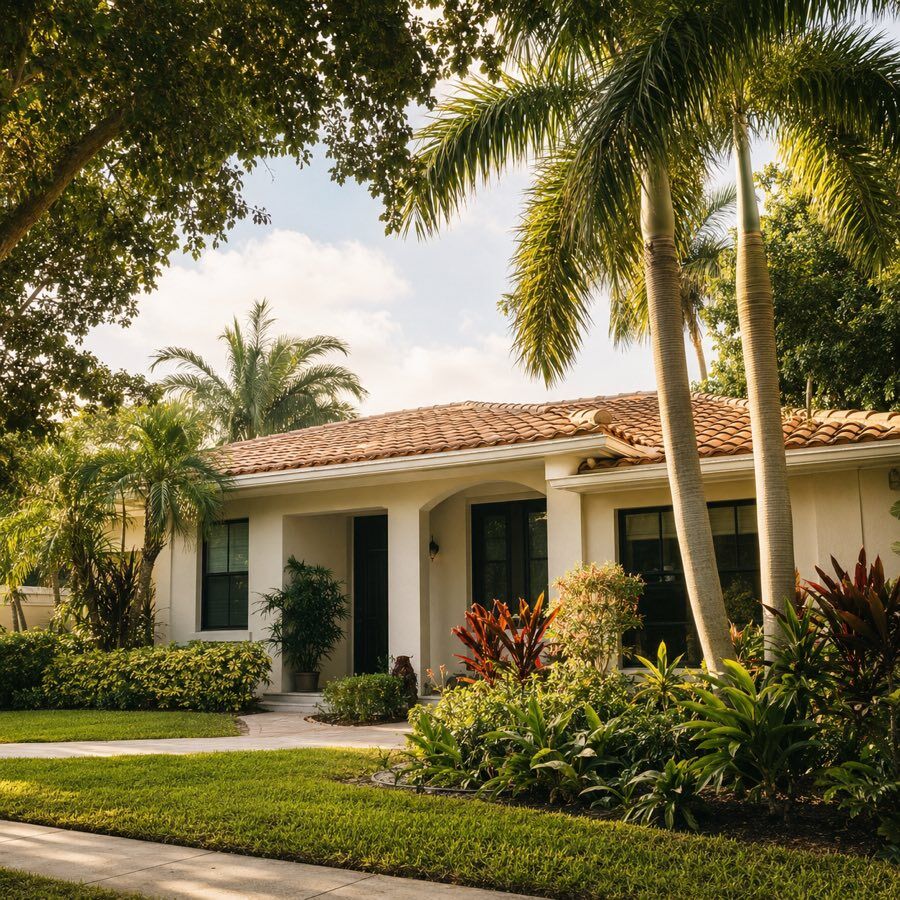 Single-family home with palm trees and tropical landscaping on a sunny South Florida street.