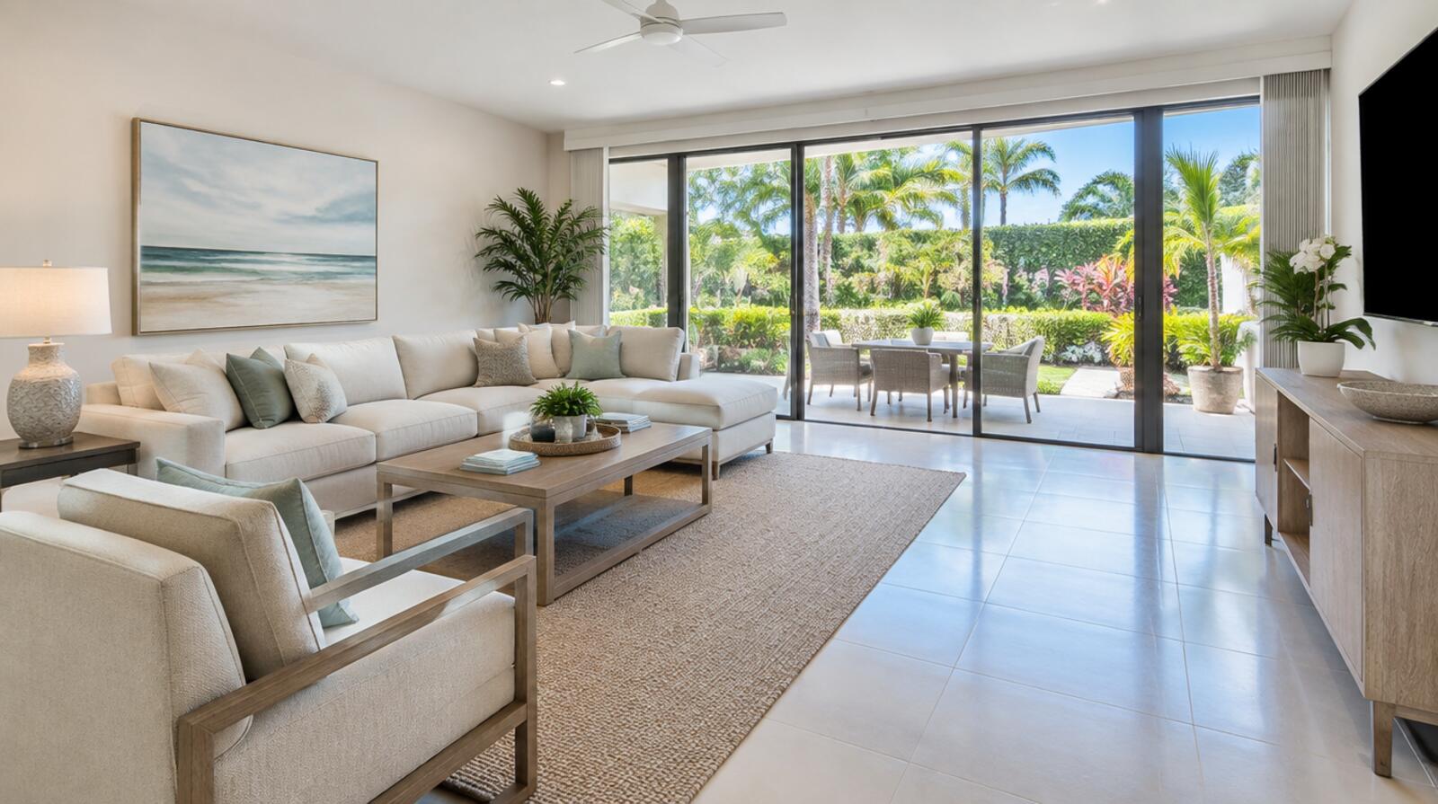 Bright, well-maintained living room in a South Florida rental home.